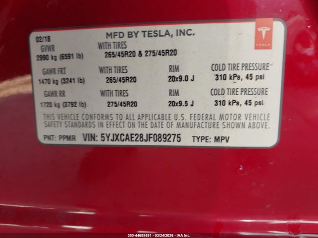 Продаж на аукціоні авто 2018 Tesla Model X 100d/75d/p100d, vin: 5YJXCAE28JF089275, номер лоту: 44688491