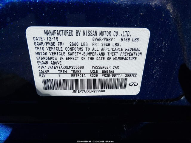 44688496 :رقم المزاد ، JN1EV7ARXLM255560 vin ، 2020 Infiniti Q50 Sport Awd مزاد بيع