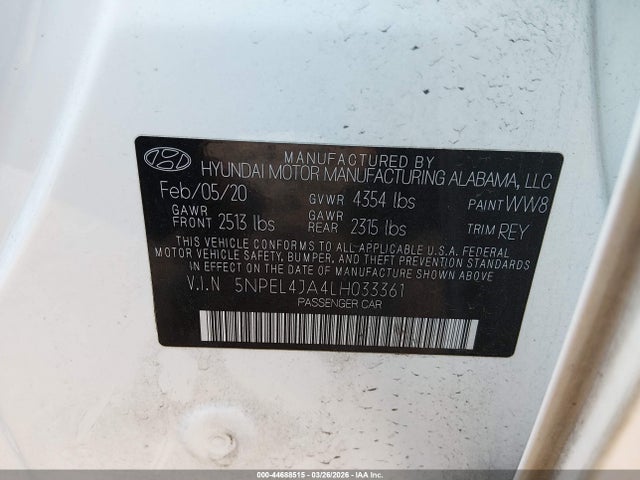 2020 Hyundai Sonata Sel მანქანა იყიდება აუქციონზე, vin: 5NPEL4JA4LH033361, აუქციონის ნომერი: 44688515