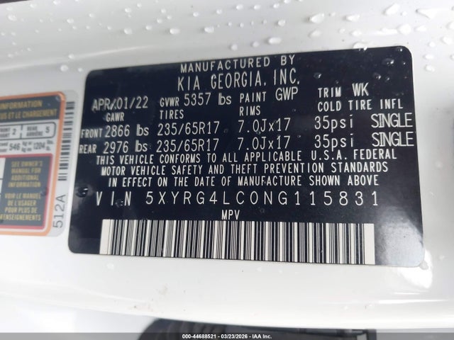 Aukcja sprzedaży 2022 Kia Sorento Lx, vin: 5XYRG4LC0NG115831, numer aukcji: 44688521