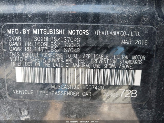 Продаж на аукціоні авто 2017 Mitsubishi Mirage Es, vin: ML32A3HJ5HH007420, номер лоту: 44688543