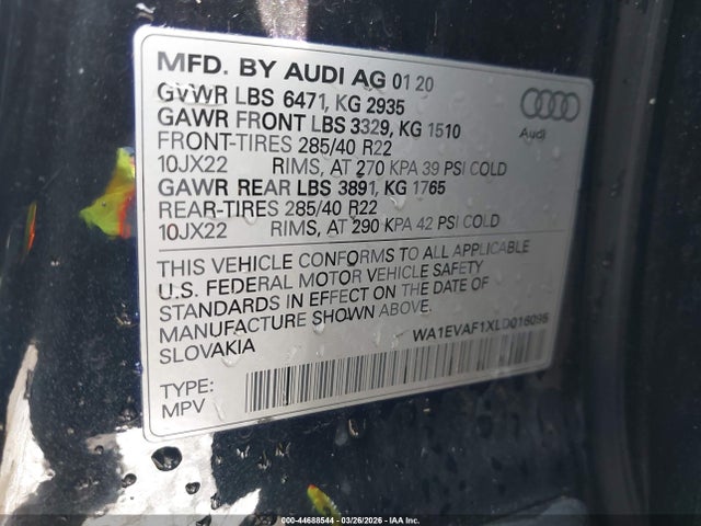 44688544 :رقم المزاد ، WA1EVAF1XLD016095 vin ، 2020 Audi Q8 Premium Plus 55 Tfsi Quattro Tiptronic مزاد بيع