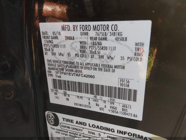 Auction sale of the 2010 Ford F-150 Fx4/harley-davidson/king Ranch/lariat/platinum/xl/xlt, vin: 1FTFW1EV7AFC42060, lot number: 44688545