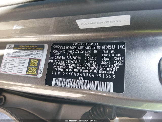 Продаж на аукціоні авто 2016 Kia Sorento 3.3l Ex, vin: 5XYPHDA58GG081598, номер лоту: 44688554