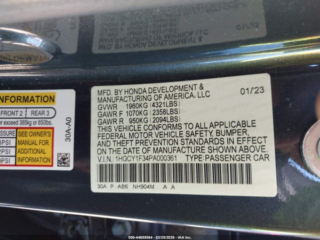 Aukcja sprzedaży 2023 Honda Accord Ex, vin: 1HGCY1F34PA000361, numer aukcji: 44688564