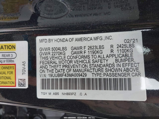 Aukcja sprzedaży 2021 Acura Tlx Technology Package, vin: 19UUB6F43MA009429, numer aukcji: 44688565