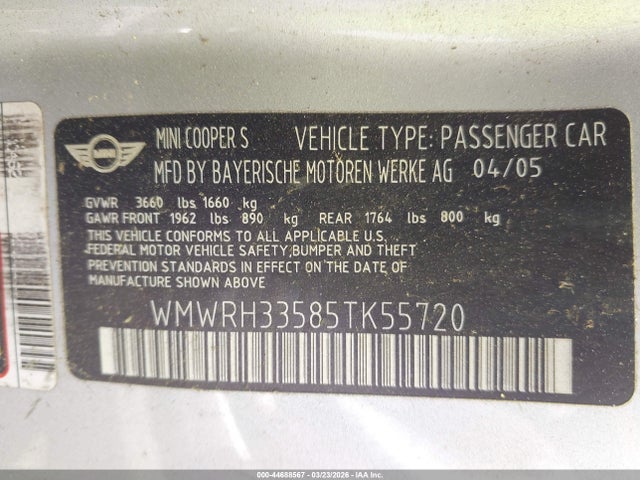 2005 MINI COOPER S WMWRH33585TK55720 Photo 8