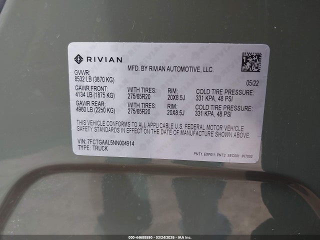 Rivian R1t Launch Edition 2022 7FCTGAAL5NN004914 Image 9