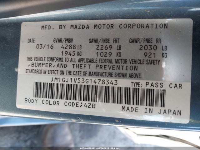 2016 Mazda Mazda6 I Touring მანქანა იყიდება აუქციონზე, vin: JM1GJ1V53G1478343, აუქციონის ნომერი: 44688591
