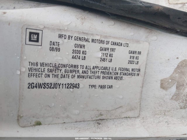 44688597 :رقم المزاد ، 2G4WS52J0Y1122943 vin ، 2000 Buick Century Custom مزاد بيع