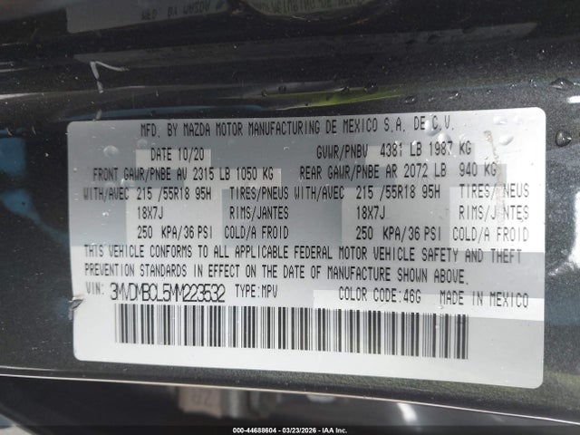 2021 Mazda Cx-30 Preferred მანქანა იყიდება აუქციონზე, vin: 3MVDMBCL5MM223532, აუქციონის ნომერი: 44688604