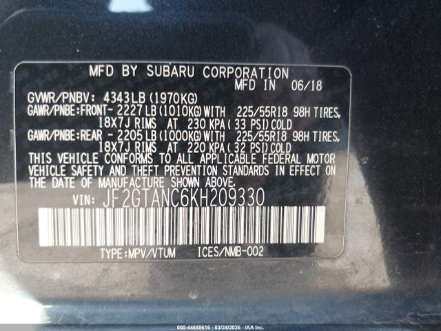 44688616 :رقم المزاد ، JF2GTANC6KH209330 vin ، 2019 Subaru Crosstrek 2.0i Limited مزاد بيع