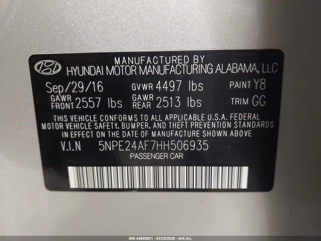 Aukcja sprzedaży 2017 Hyundai Sonata, vin: 5NPE24AF7HH506935, numer aukcji: 44688621
