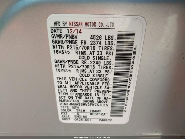 Aukcja sprzedaży 2015 Nissan Rogue Select S, vin: JN8AS5MV2FW751015, numer aukcji: 44688628