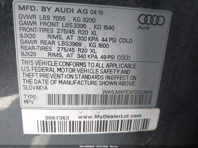 Aukcja sprzedaży 2015 Audi Q7 3.0 Tdi Premium, vin: WA1LMAFEXFD023808, numer aukcji: 44688636