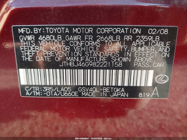 Продажа на аукционе авто 2008 Lexus Es 350, vin: JTHBJ46G982221158, номер лота: 44688641