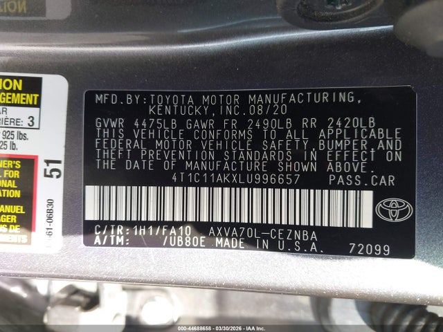 44688658 :رقم المزاد ، 4T1C11AKXLU996657 vin ، 2020 Toyota Camry Le مزاد بيع