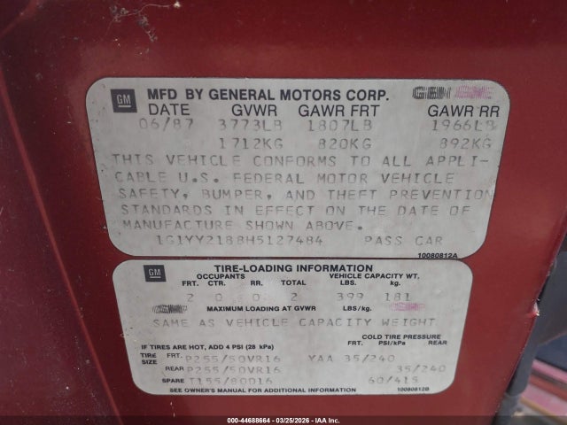 1987 CHEVROLET CORVETTE 1G1YY2188H5127484 Photo 8