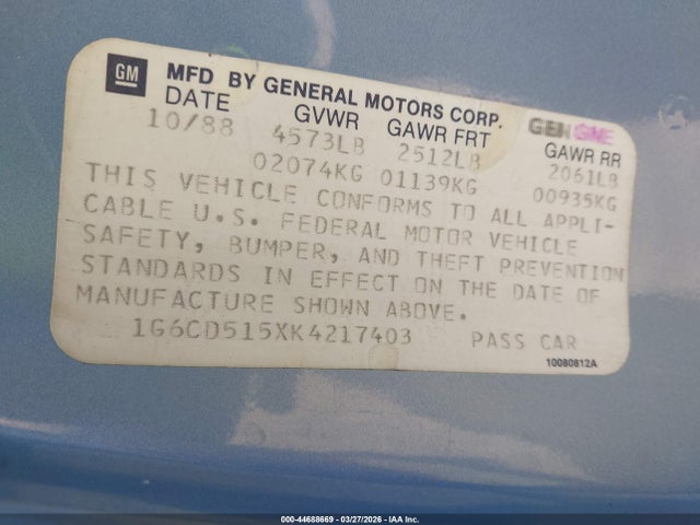 44688669 :رقم المزاد ، 1G6CD515XK4217403 vin ، 1989 Cadillac Deville مزاد بيع
