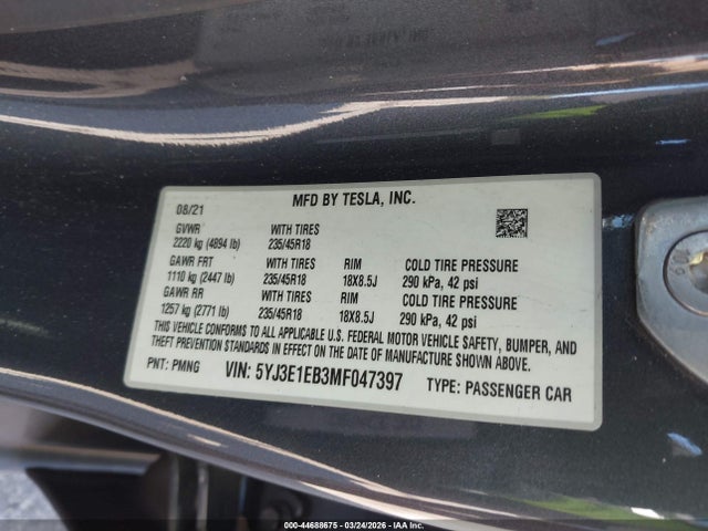 5YJ3E1EB3MF047397 Tesla Model 3 Long Range Dual Motor All-wheel Drive