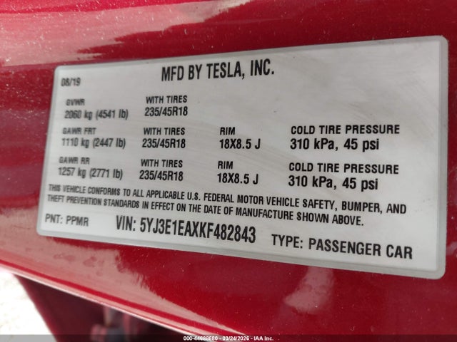 5YJ3E1EAXKF482843 Tesla Model 3 Long Range/mid Range/standard Range/standard Range Plus