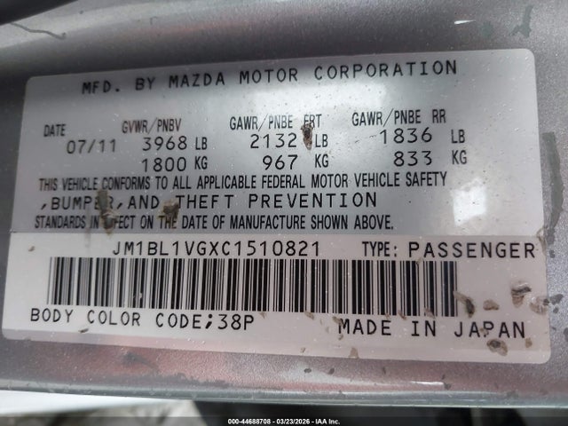 2012 Mazda Mazda3 მანქანა იყიდება აუქციონზე, vin: JM1BL1VGXC1510821, აუქციონის ნომერი: 44688708