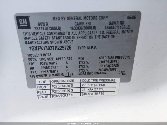 Aukcja sprzedaży 2007 Chevrolet Tahoe Lt, vin: 1GNFK13037R225726, numer aukcji: 44688724
