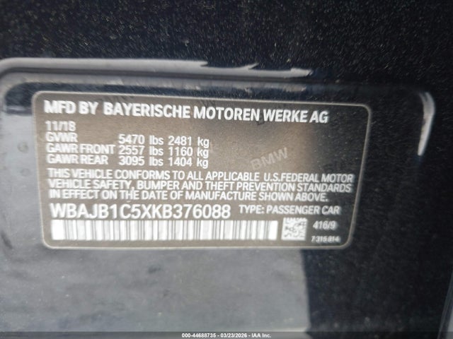 2019 Bmw 530e Xdrive Iperformance მანქანა იყიდება აუქციონზე, vin: WBAJB1C5XKB376088, აუქციონის ნომერი: 44688735