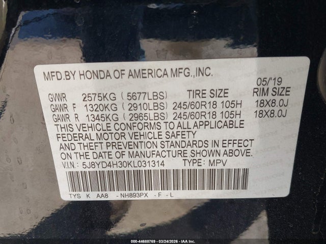 Aukcja sprzedaży 2019 Acura Mdx Standard, vin: 5J8YD4H30KL031314, numer aukcji: 44688769
