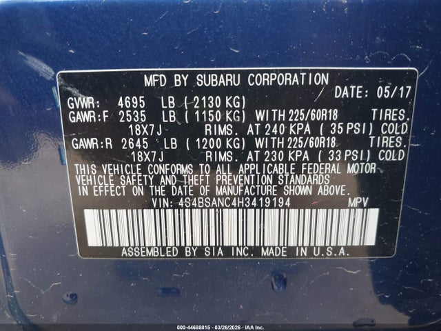 2017 SUBARU OUTBACK 4S4BSANC4H3419194 Photo 8