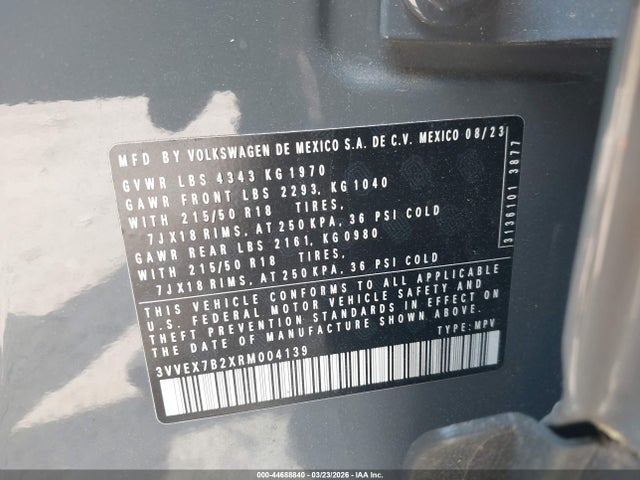 2024 Volkswagen Taos 1.5t Se მანქანა იყიდება აუქციონზე, vin: 3VVEX7B2XRM004139, აუქციონის ნომერი: 44688840