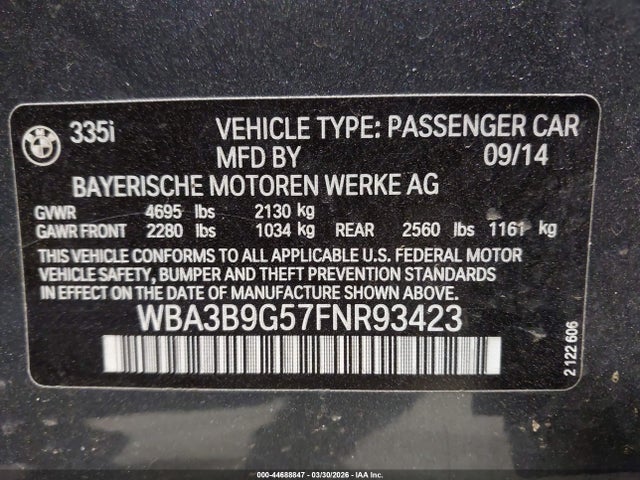 Aukcja sprzedaży 2015 Bmw 335i Xdrive, vin: WBA3B9G57FNR93423, numer aukcji: 44688847