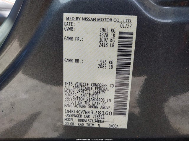 Продаж на аукціоні авто 2022 Nissan Altima Sr Fwd, vin: 1N4BL4CV7NN328160, номер лоту: 44688849