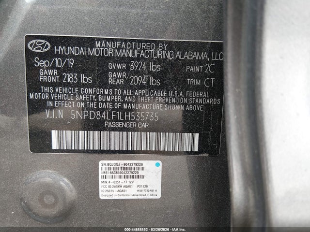 5NPD84LF1LH535735 Hyundai ELANTRA SEL