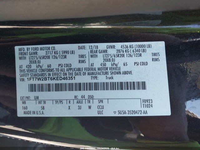 Продажа на аукционе авто 2019 Ford F-250 Lariat, vin: 1FT7W2BT6KED46351, номер лота: 44688853