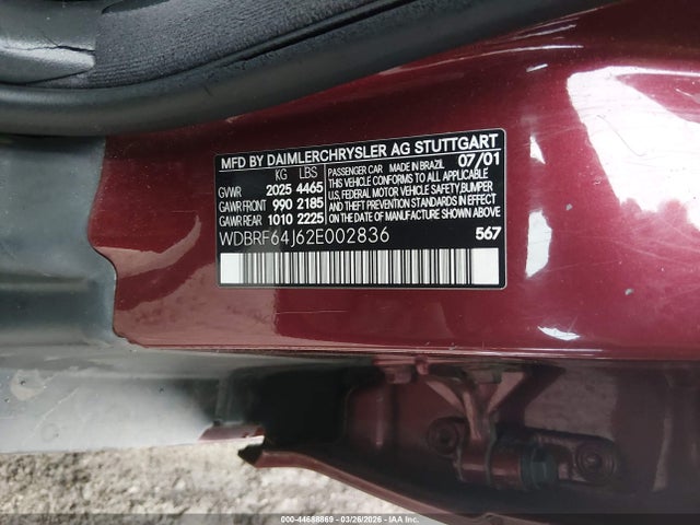 44688869 :رقم المزاد ، WDBRF64J62E002836 vin ، 2002 Mercedes-benz C 320 مزاد بيع