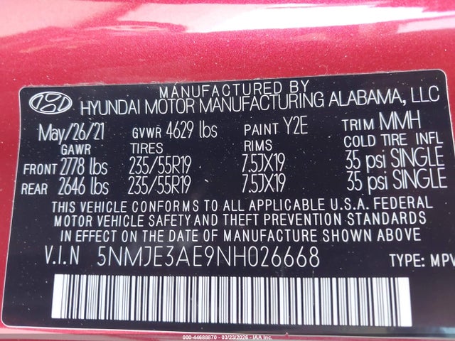 2022 Hyundai Tucson Limited მანქანა იყიდება აუქციონზე, vin: 5NMJE3AE9NH026668, აუქციონის ნომერი: 44688870