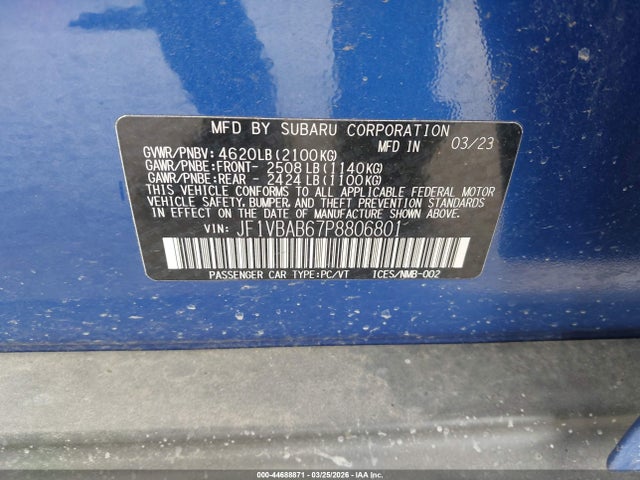 2023 Subaru Wrx მანქანა იყიდება აუქციონზე, vin: JF1VBAB67P8806801, აუქციონის ნომერი: 44688871