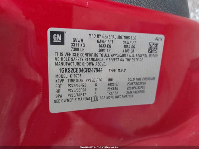 44688873 :رقم المزاد ، 1GKS2CE04CR247944 vin ، 2012 Gmc Yukon Slt مزاد بيع