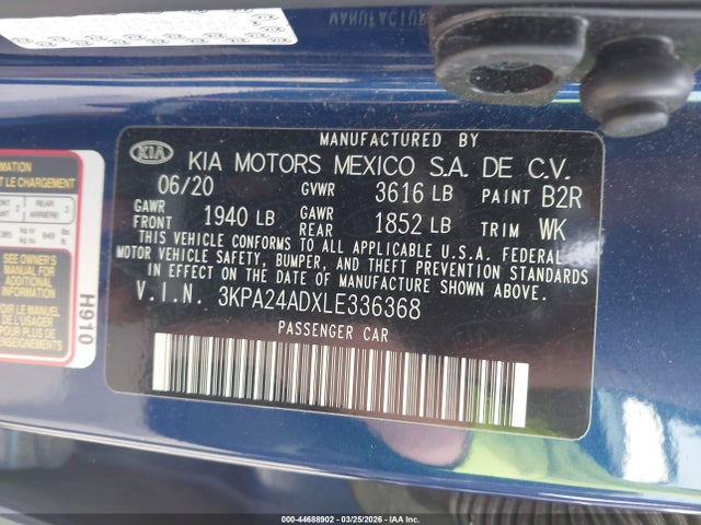 Aukcja sprzedaży 2020 Kia Rio S, vin: 3KPA24ADXLE336368, numer aukcji: 44688902