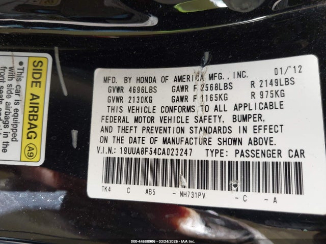 44688906 :رقم المزاد ، 19UUA8F54CA023247 vin ، 2012 Acura Tl 3.5 مزاد بيع