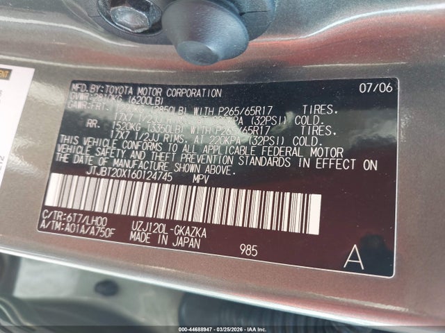 Aukcja sprzedaży 2006 Lexus Gx 470, vin: JTJBT20X160124745, numer aukcji: 44688947
