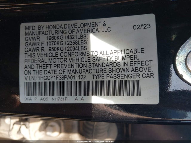Продажа на аукционе авто 2023 Honda Accord Ex, vin: 1HGCY1F38PA011122, номер лота: 44688953