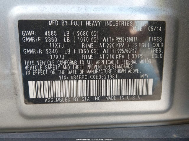 44688961 :رقم المزاد ، 4S4BRCLC0E3321981 vin ، 2014 Subaru Outback 2.5i Limited مزاد بيع