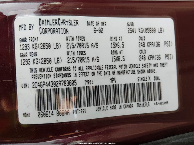 2002 CHRYSLER TOWN & COUNTRY 2C4GP44302R783805 Photo 8