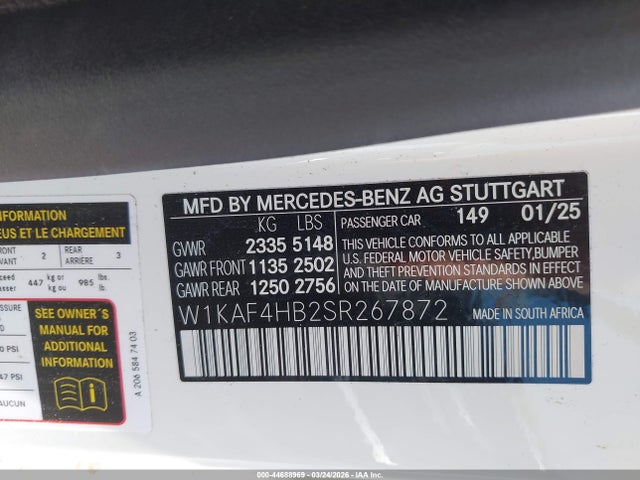 Aukcja sprzedaży 2025 Mercedes-benz C 300, vin: W1KAF4HB2SR267872, numer aukcji: 44688969