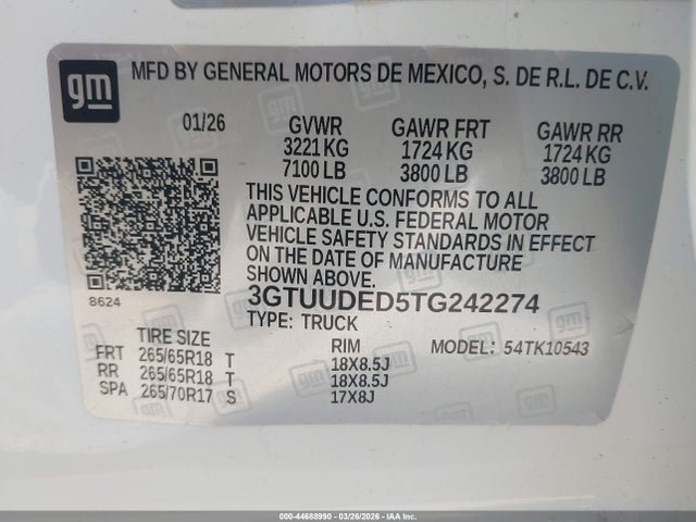 Продаж на аукціоні авто 2026 Gmc Sierra 1500 , Short Bed, Slt, 4wd, vin: 3GTUUDED5TG242274, номер лоту: 44688990