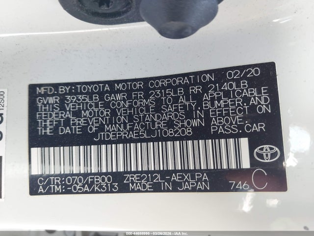 2020 Toyota Corolla Le მანქანა იყიდება აუქციონზე, vin: JTDEPRAE5LJ108208, აუქციონის ნომერი: 44688995