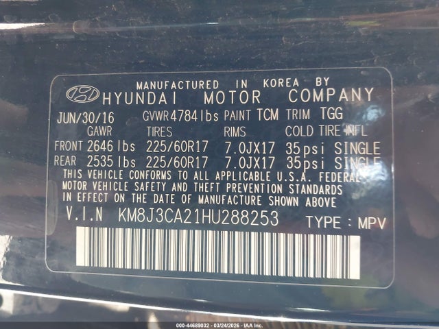 Aukcja sprzedaży 2017 Hyundai Tucson Eco, vin: KM8J3CA21HU288253, numer aukcji: 44689032