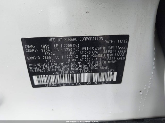 Продаж на аукціоні авто 2020 Subaru Outback Limited, vin: 4S4BTANC1L3139349, номер лоту: 44689035